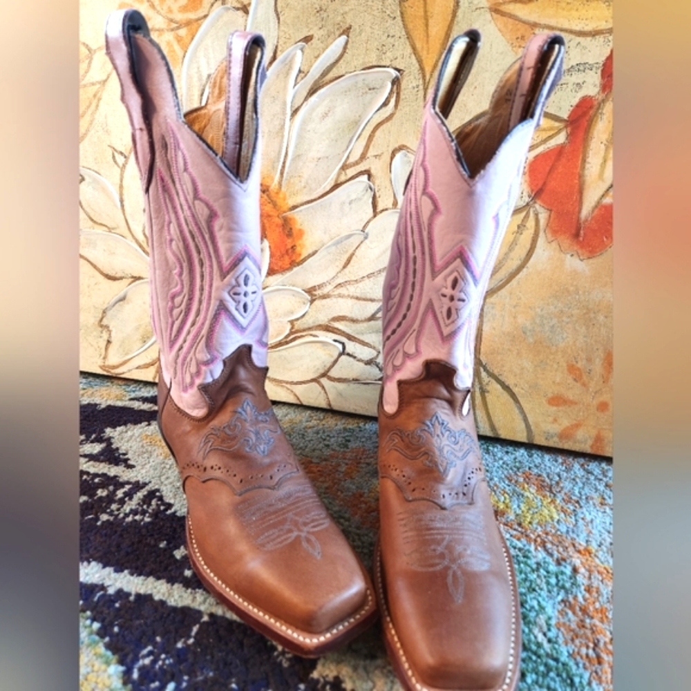 JUSTIN Punchy Pink Westerner Cowhide Foot COFFEE Leather Cowgirl Boots 8.5B EU C